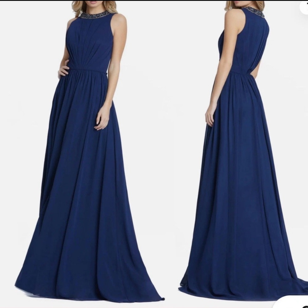 NWT Ieena for Mac Duggal Navy Beaded Neckline Pleated Chiffon Gown Size 8